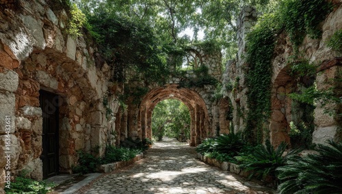 Stone archway pathway overgrown with lush greenery