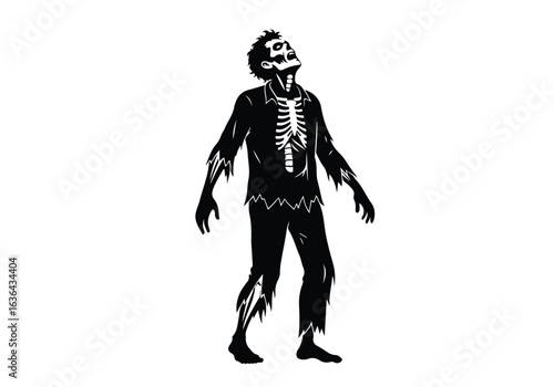 Silhouette of a zombie with tattered clothes and exposed ribs, isolated on a white background