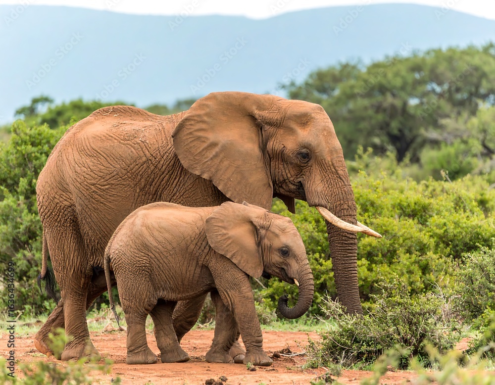 Fototapeta premium Elephant mother and calf in savanna
