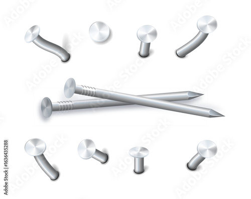 Nails hammered into wall steel straight and bent metal hardware spikes. Hobnails with grey caps top view isolated on transparent background. Vector