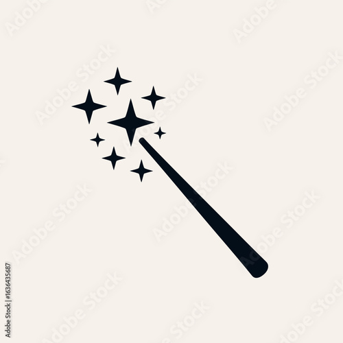 Simple black magic wand with sparkles and stars icon