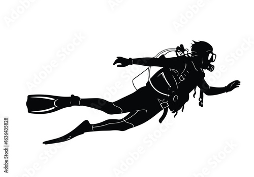 Silhouette of a scuba diver swimming underwater, isolated on white background