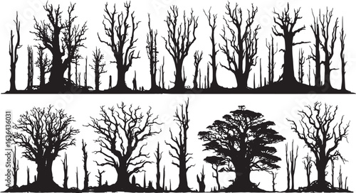 Silhouette of a dead tree forest vector illustration. Illustration of forest with dead trees, Bare trees with branches