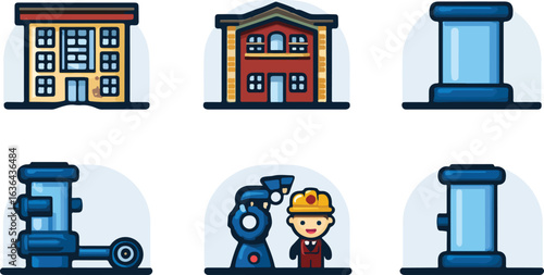 Colorful buildings and equipment illustrations