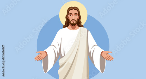 Illustration of Jesus Christ with Halo and Open Arms