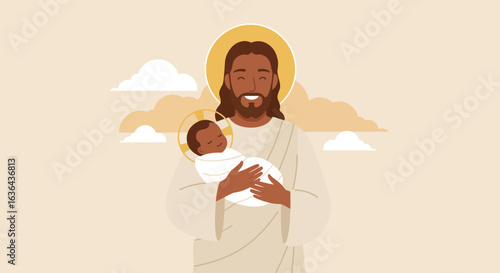 Jesus Holding Baby Jesus with Halo, Religious Illustration