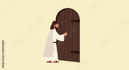 Jesus Christ Knocking on a Wooden Door Illustration