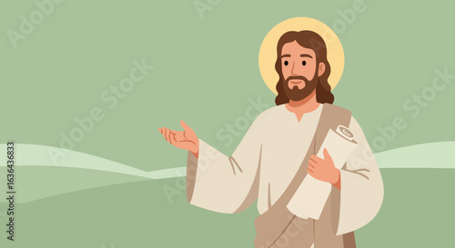 Illustration of Jesus Christ with Halo and Scroll on Green Background