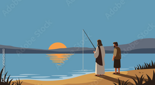 Jesus and a Disciple Fishing at Sunset by the Sea of Galilee