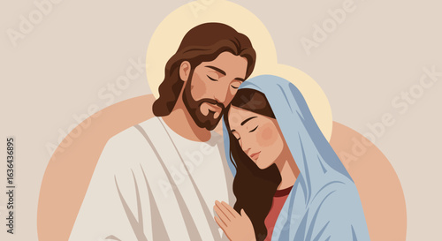 Jesus and Mary Embrace, Religious Iconography, Vector Illustration