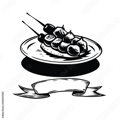 Skewered Satay Woodcut Logo Template. Vintage Asian Food Vector Emblem