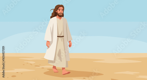 Jesus Christ Walking on Sandy Ground with Blue Sky