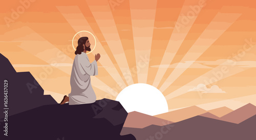 Jesus Christ Praying on a Mountain at Sunrise with Halo