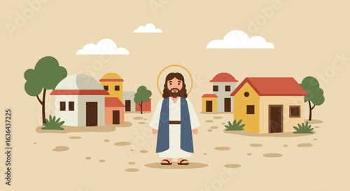 Cartoon Jesus Figure with Halo in Village Scene