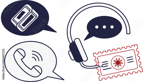 Illustration of communication icons including a headset, phone, tickets, and speech bubbles design art