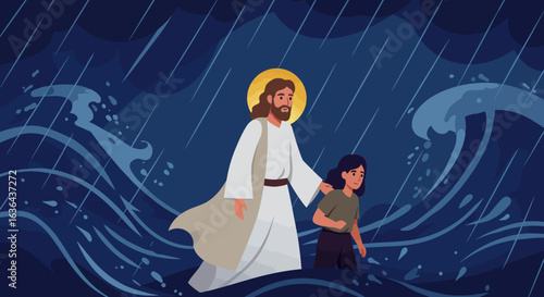 Jesus Christ Walking on Water with a Young Woman in a Storm