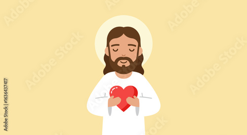 Cartoon Jesus Christ Holding a Red Heart with Halo