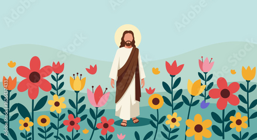 Jesus Christ in a Field of Colorful Flowers Illustration