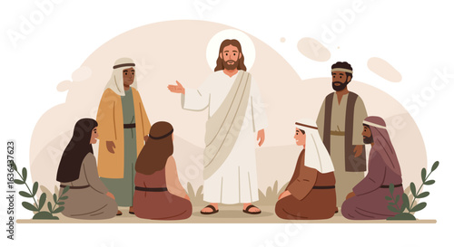 Jesus Teaching Disciples: Cartoon Illustration of Biblical Scene