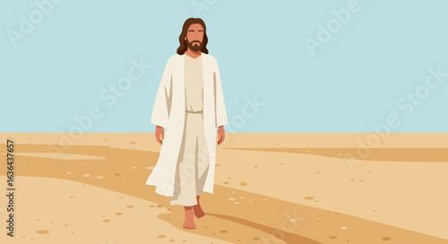 Jesus Christ Walking on Desert Sand, Religious Figure Illustration