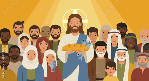 Jesus Christ with Bread and Fish among a Crowd of People