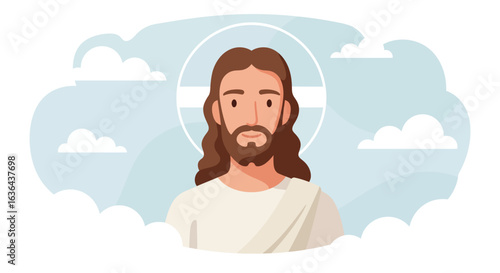 Cartoon Illustration of Jesus Christ with Halo and Clouds