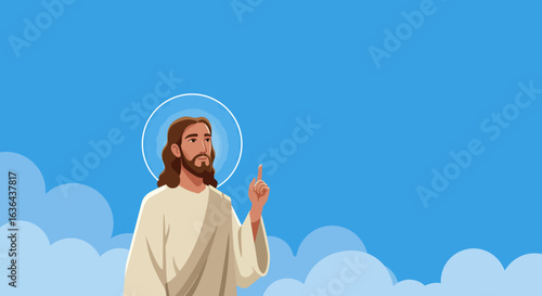 Cartoon Jesus Christ with Halo Pointing Upward in the Sky