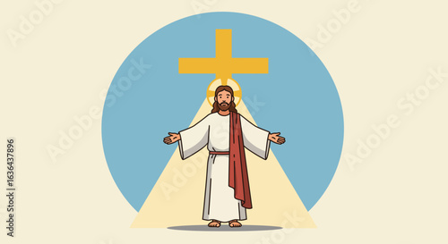 Cartoon Illustration of Jesus Christ with Open Arms and Cross