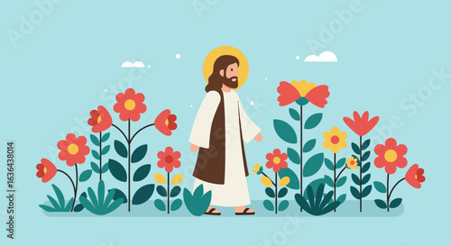 Jesus Christ Walking in a Flower Garden Illustration