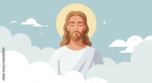 Jesus Christ in Heaven with Clouds and Halo