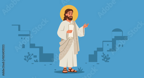 Cartoon Depiction of Jesus Christ with Scroll and Halo