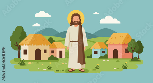 Jesus Christ in a Village Illustration with Halo