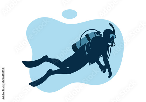 Silhouette of a scuba diver swimming underwater with scuba gear and oxygen tank in blue water