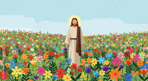 Jesus Christ in a Vibrant Field of Flowers with Halo