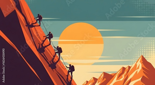 Wallpaper Mural Dynamic team of climbers scaling a majestic mountain face during a vibrant sunrise, symbolizing achievement and perseverance in extreme adventure Torontodigital.ca