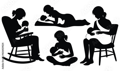 Silhouettes of mothers breastfeeding babies in various comforting poses baby nursing