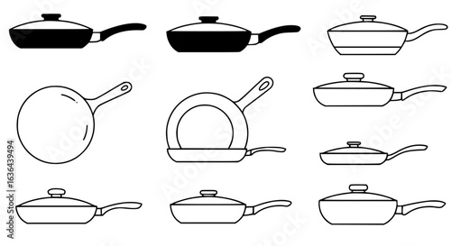 Stock vector illustration of kitchenware cookware pots and pans for cooking and food preparation icons set, editable vector.
