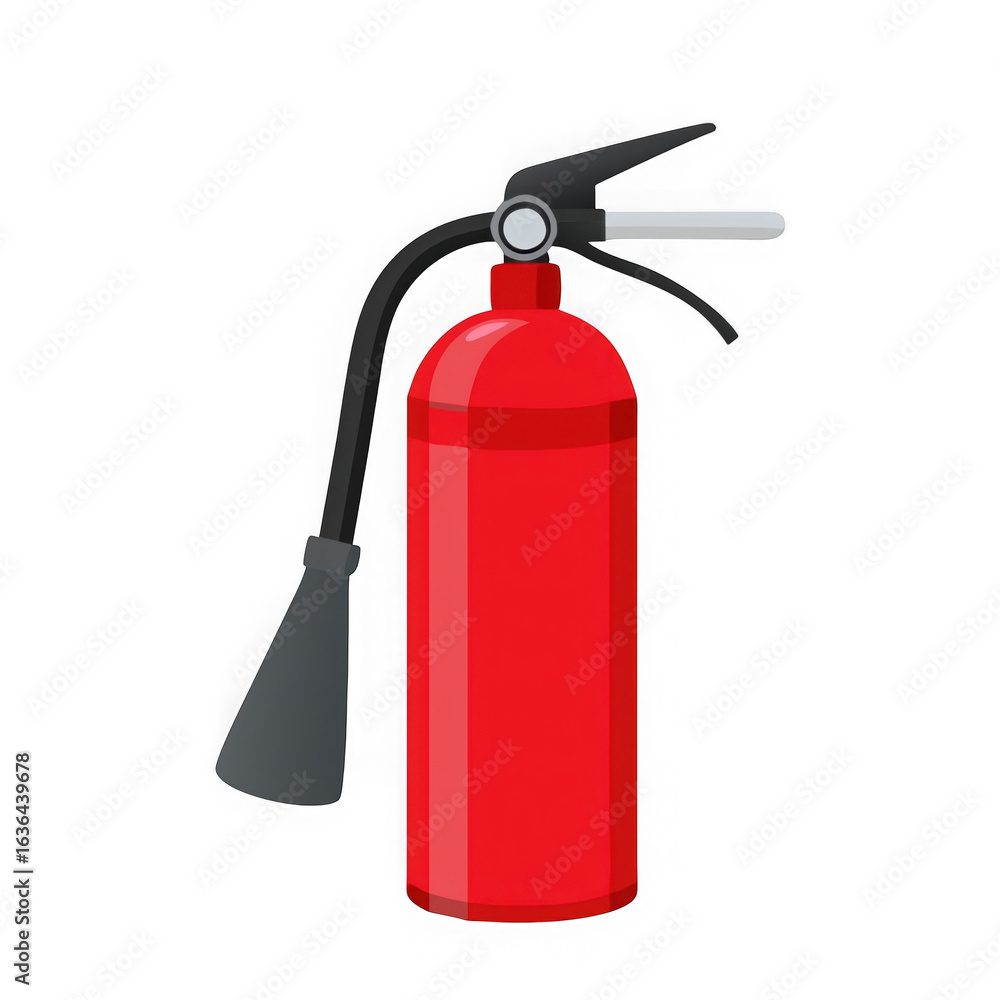 Obraz premium Red fire extinguisher with black hose and nozzle isolated on transparent background