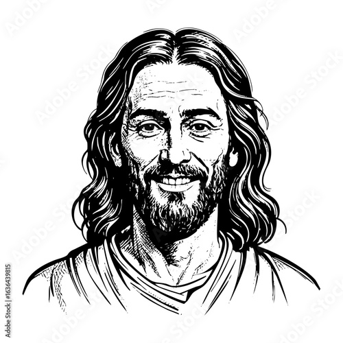 Detailed Black and White Sketch of Jesus Christ smiling portrait