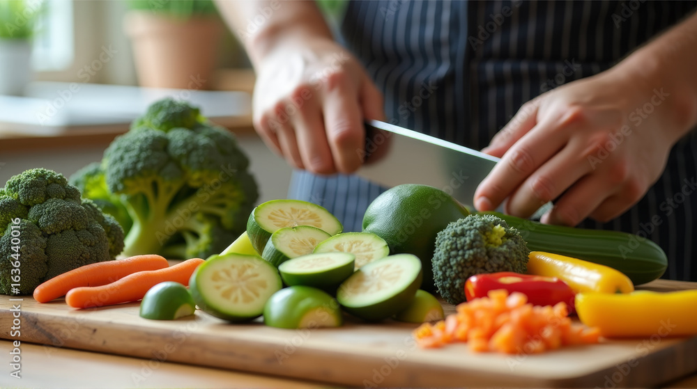 Close up of hands cutting fresh vegetables on wooden cutting board broccoli zucchini carrots and bell pepper, soft daylight, healthy cooking and homemade meals concept Close up of hands cutting fresh vegetables on wooden cutting board broccoli zucchini carrots and bell pepper, soft daylight, healthy cooking and homemade meals concept
