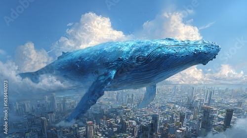 Huge whale floats over a futuristic city.