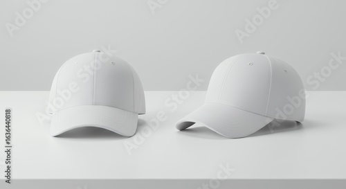 Two White Baseball Caps on a White Surface Studio Shot Minimalist Style.