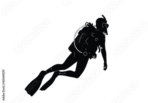 Silhouette of a scuba diver isolated on white background