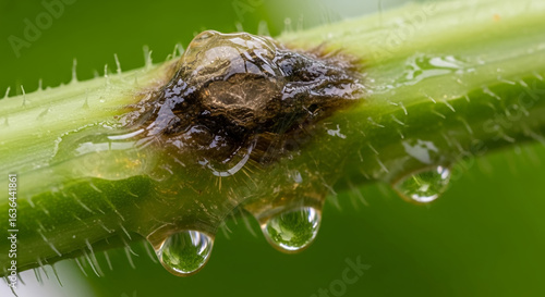Macro detail of a plant disease canker on a green stem with water droplets