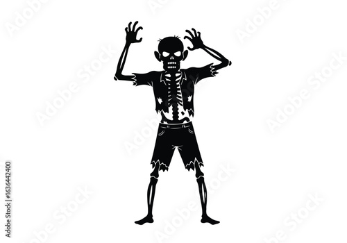 Silhouette of a terrifying zombie with glowing eyes and outstretched arms, isolated on white background
