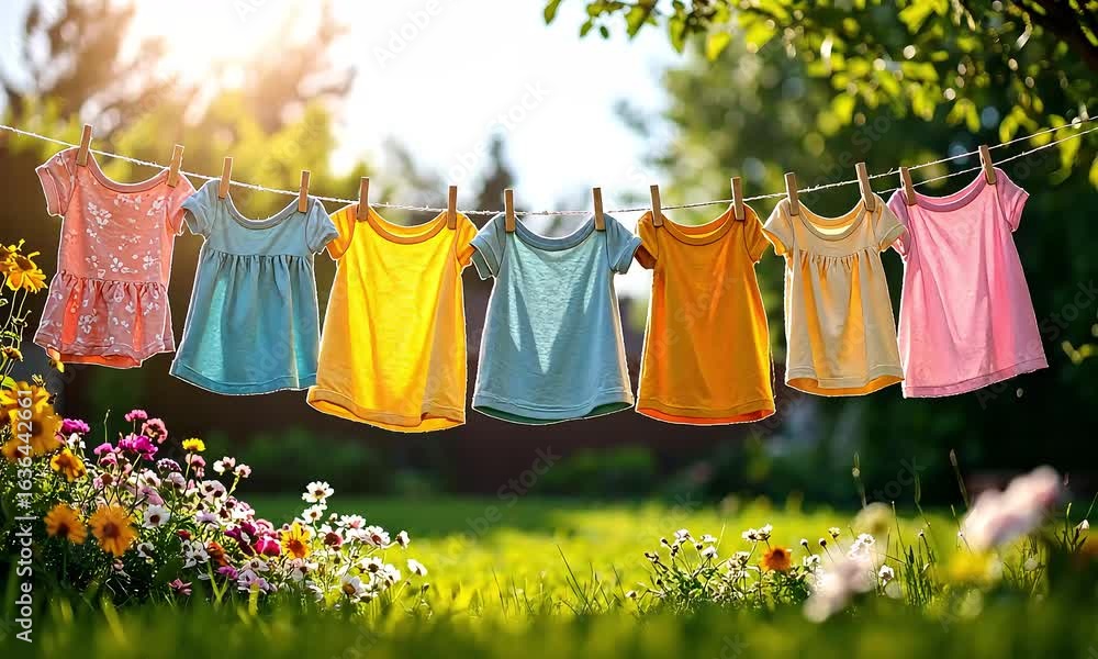 custom made wallpaper toronto digitalColorful Baby Clothes Hanging on Line in Sunlit Garden with Flowers and Greenery