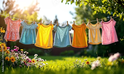 Wallpaper Mural Colorful Baby Clothes Hanging on Line in Sunlit Garden with Flowers and Greenery Torontodigital.ca