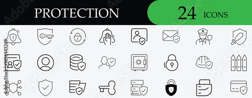Protection icon set featuring security, privacy, shield, password, cyber, firewall, user ID, lock, access, antivirus. Clean and editable vector