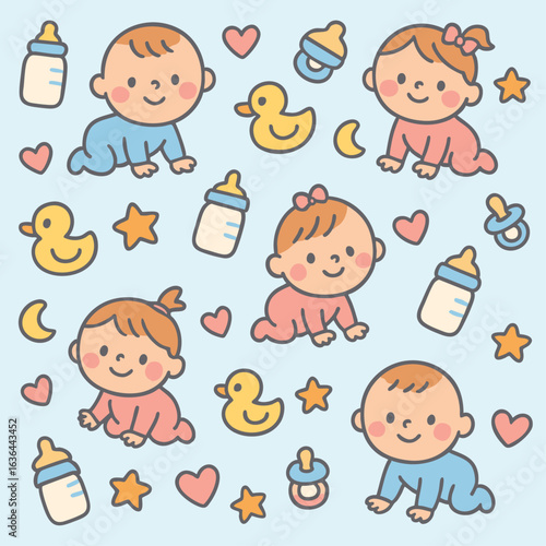 pattern cartoon baby girl and baby boy in flat design and soft color