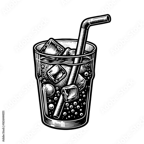 Hand drawn of glass of soda with ice cube black and white